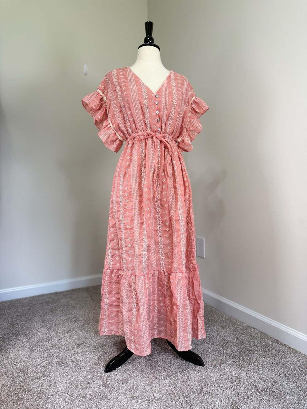 Newin Pink Embroidered Boho Maxi Dress Ruffle Sleeve Cottagecore Romantic S